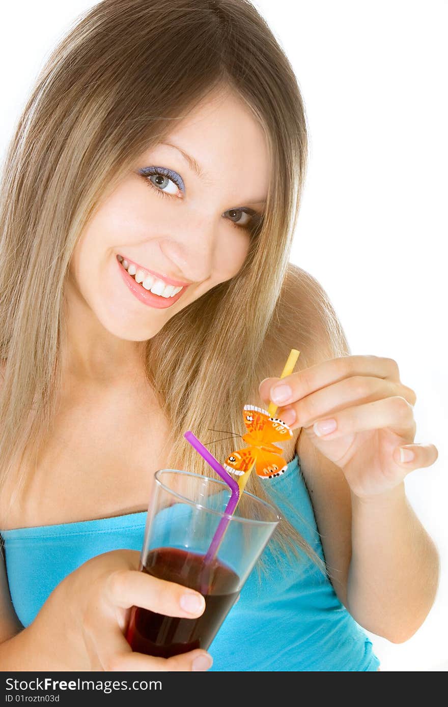 Beautiful girl with glass of juice over white