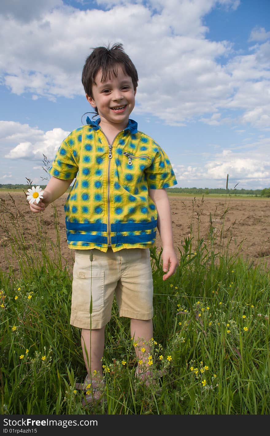 The boy with chamomille in the hand