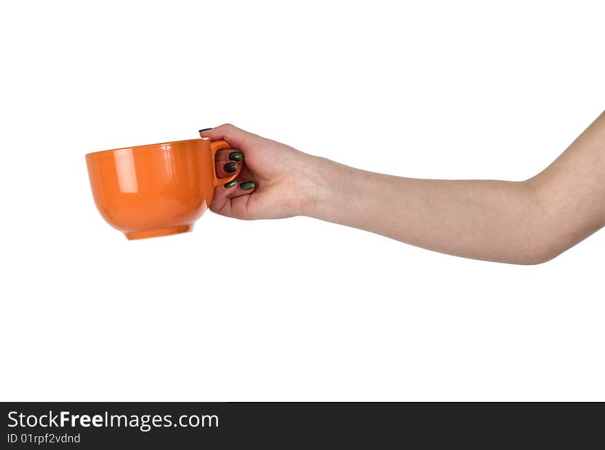 Hand keeping the orange mug