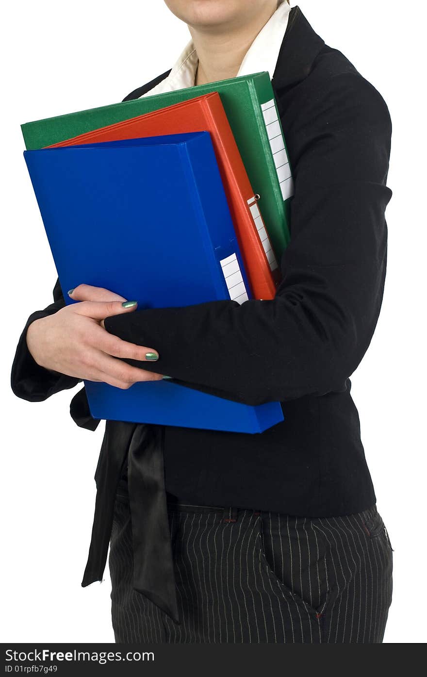 Woman keeping three color briefcases