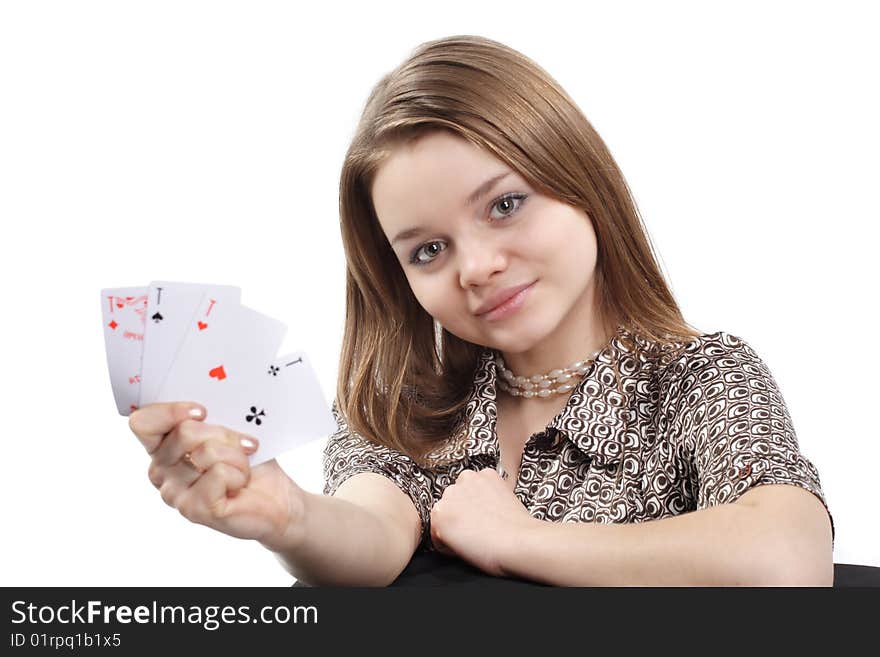 Photo of a girl with four Aces. Photo of a girl with four Aces