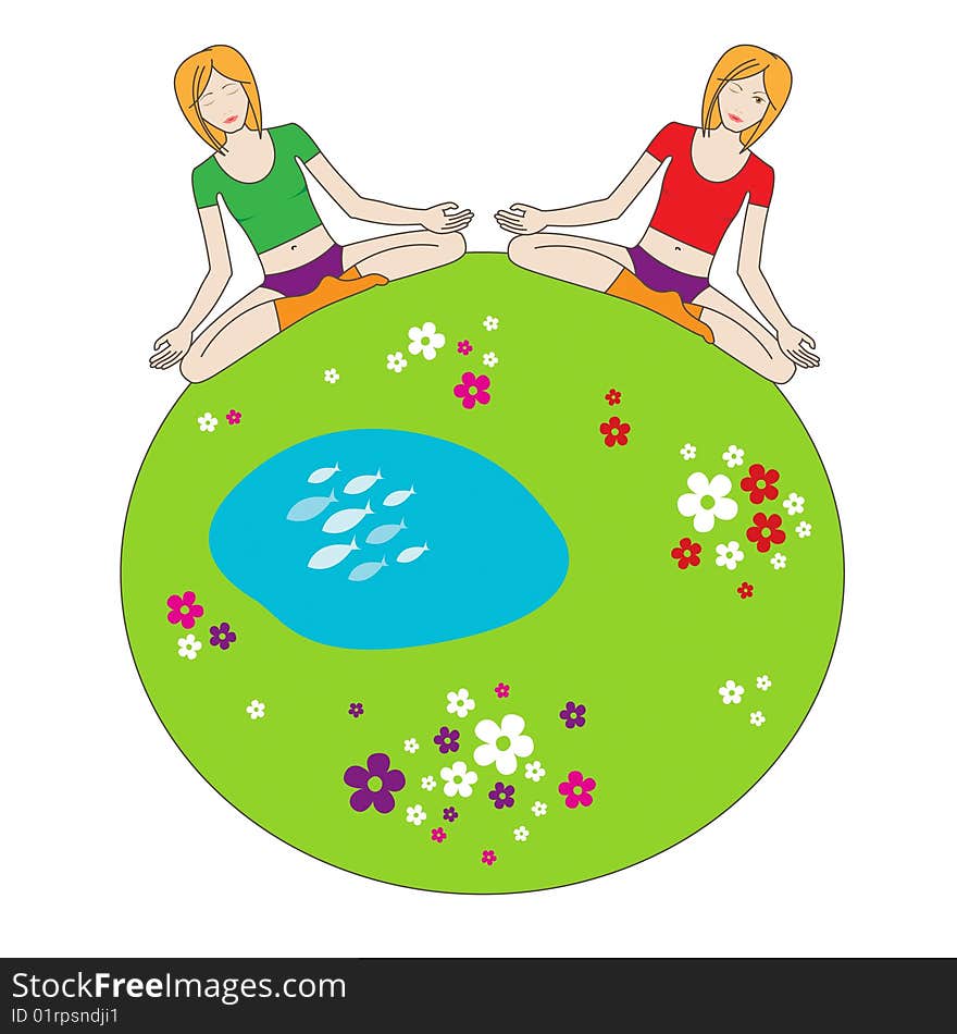 Illustration of two girls in a sitting postures on a green flowered planet. Illustration of two girls in a sitting postures on a green flowered planet