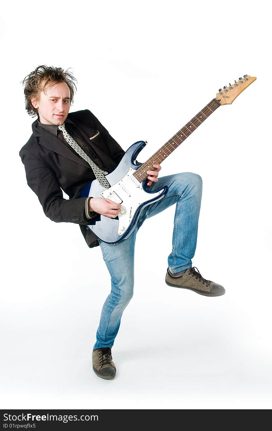 Crazy man playing electro guitar, isolated on white background