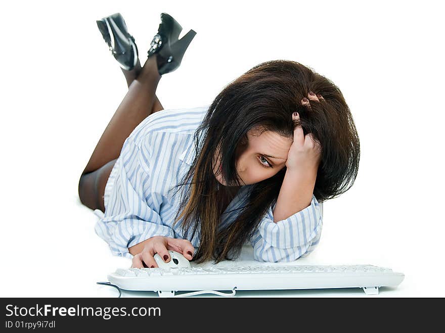 Young woman in shirt with keyboard and mouse. Young woman in shirt with keyboard and mouse