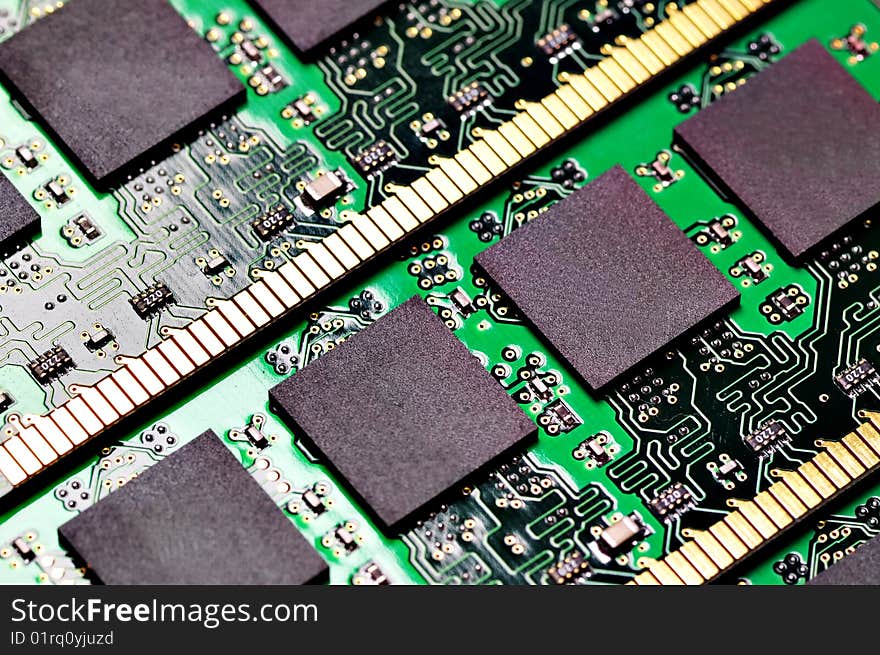 Computer memory modules. Close-up. Fragment. Narrow depth of field.