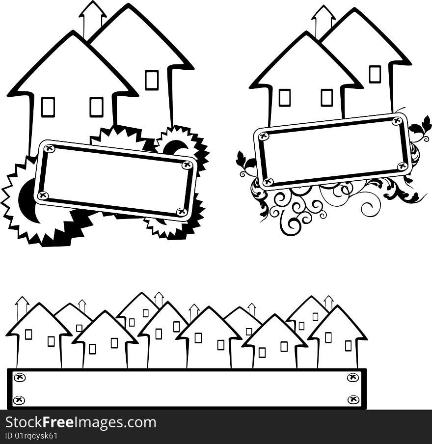 Vector banner and icons with houses and gears. Vector banner and icons with houses and gears