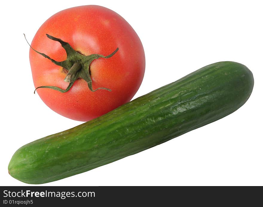 Tomato and cucumber separately on a white background