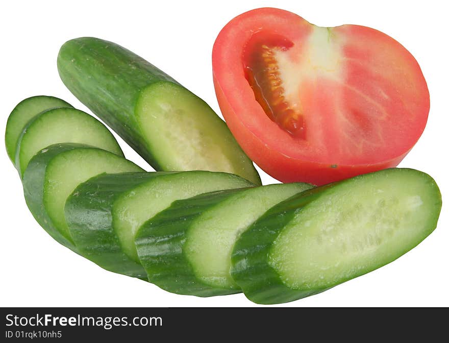 Tomato and cucumber separately on a white background