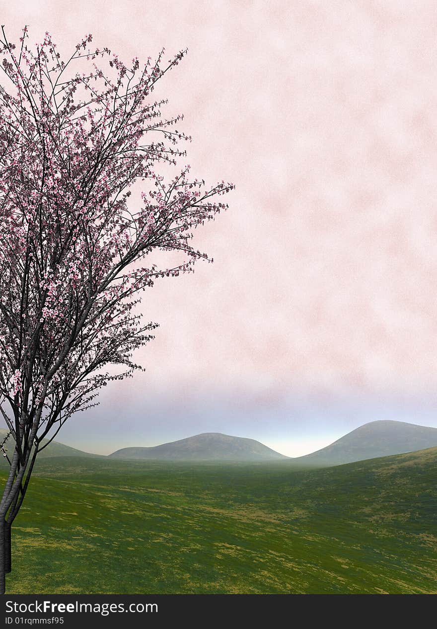 3D illustration of Japanese themed landscape at spring. 3D illustration of Japanese themed landscape at spring