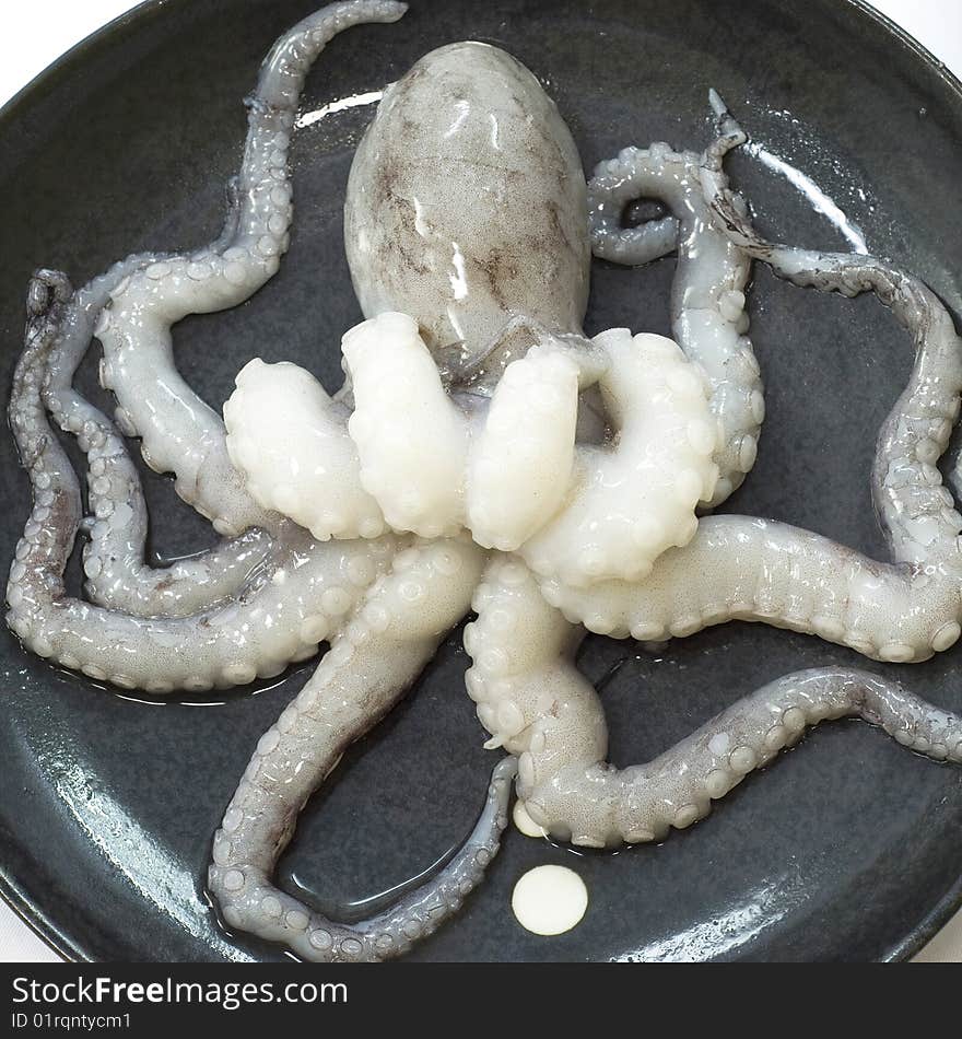 One uncooked octopus on black ceramic plate