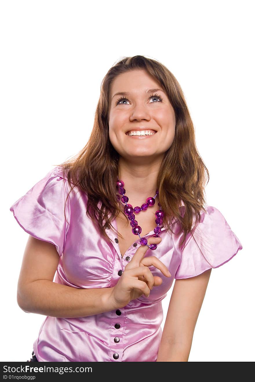 Happy young woman smiling and looking up, isolated on white background