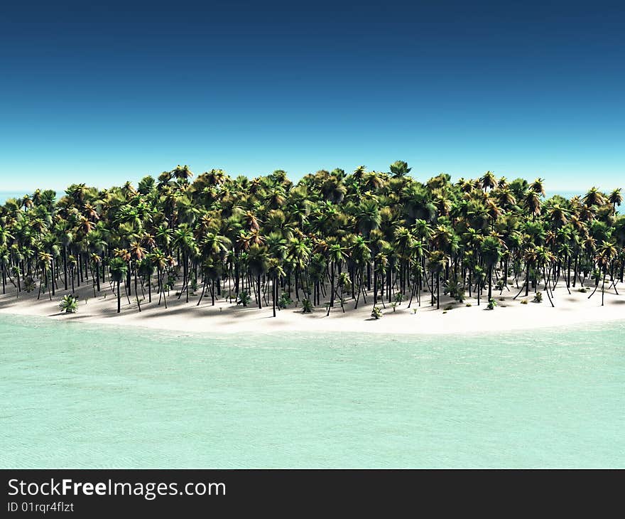 Digital render of an island with palm trees. Digital render of an island with palm trees