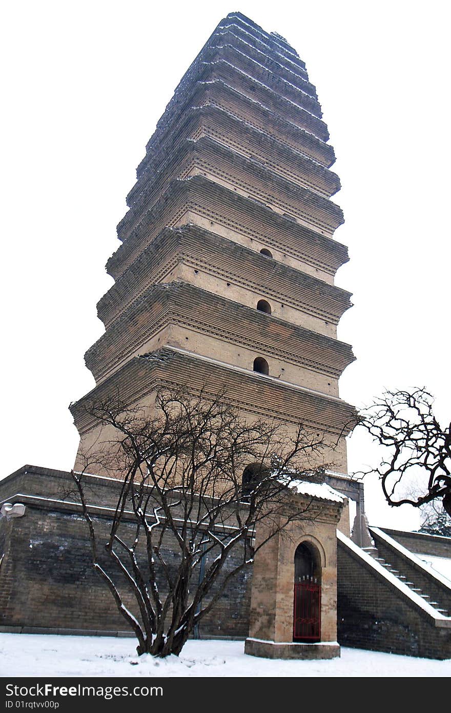 A traditional Chinese Pagoda in snow