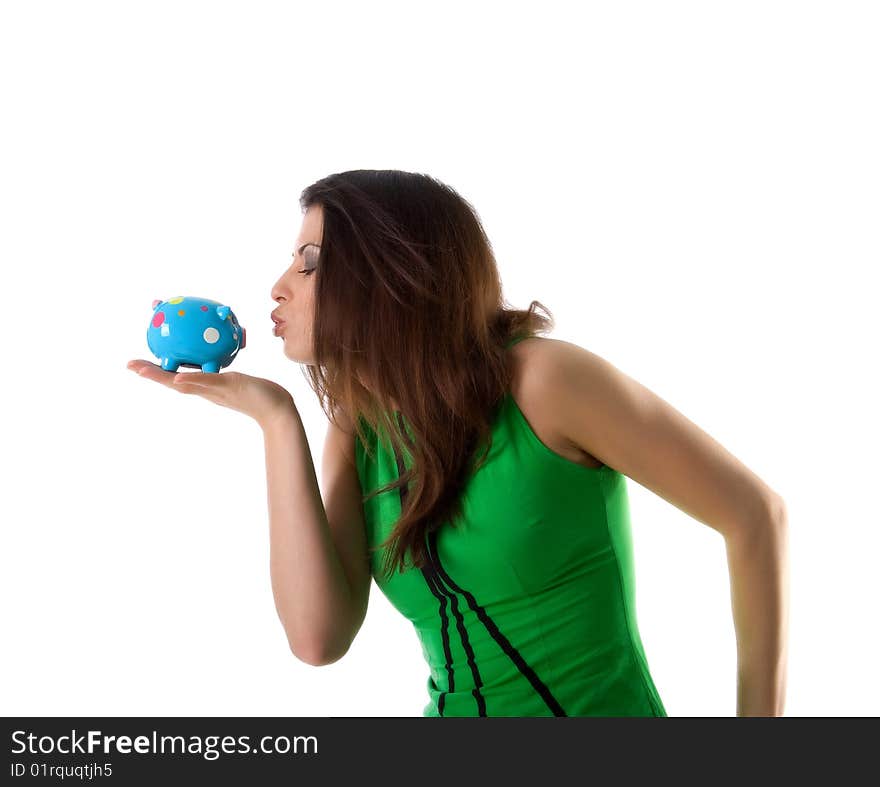 Pretty woman hold blue piggy bank on white background