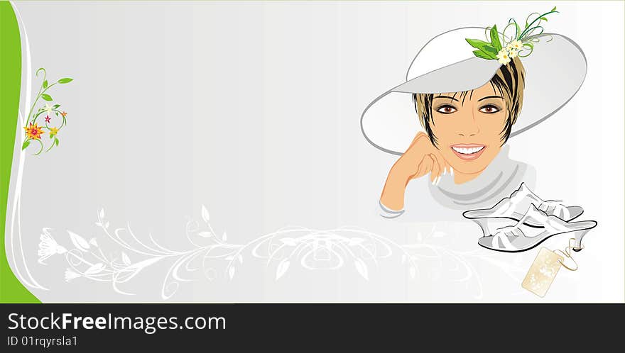 Beautiful woman with hat and shoes. Fashion card