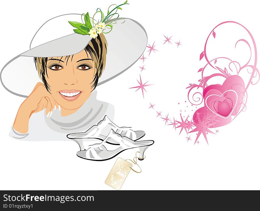 Beautiful woman with hat and shoes. Romance composition. Vector illustration