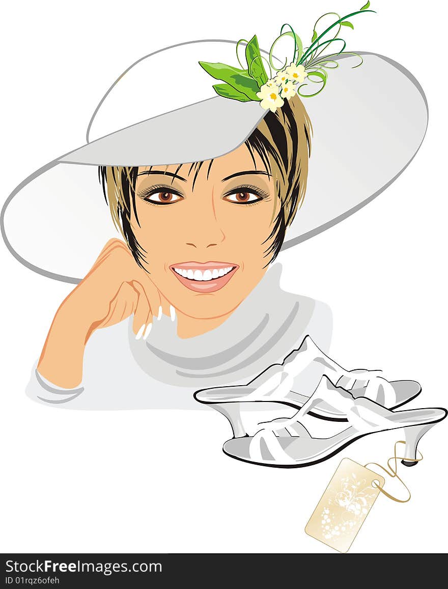 Portrait of beautiful woman with hat and shoes. Vector illustration