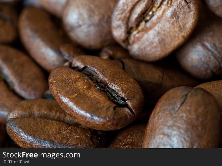 Background from the spilled grains of Brazilian coffee