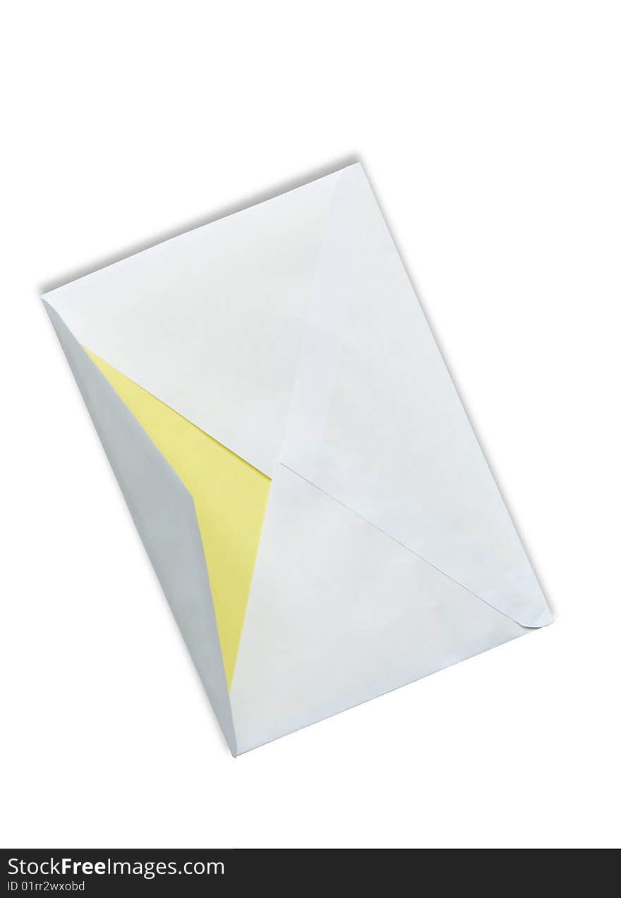 Yellow paper inside open envelope. Isolated on white with clipping path. Yellow paper inside open envelope. Isolated on white with clipping path