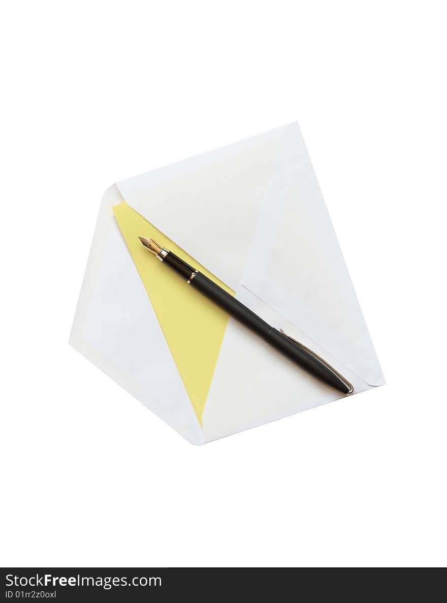 Fountain pen lying on open envelope with letter. Isolated on white with clipping path