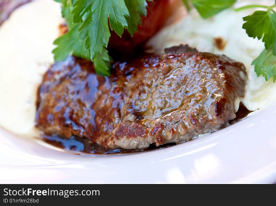 Sirloin strip Steak with vegetables and savory bec