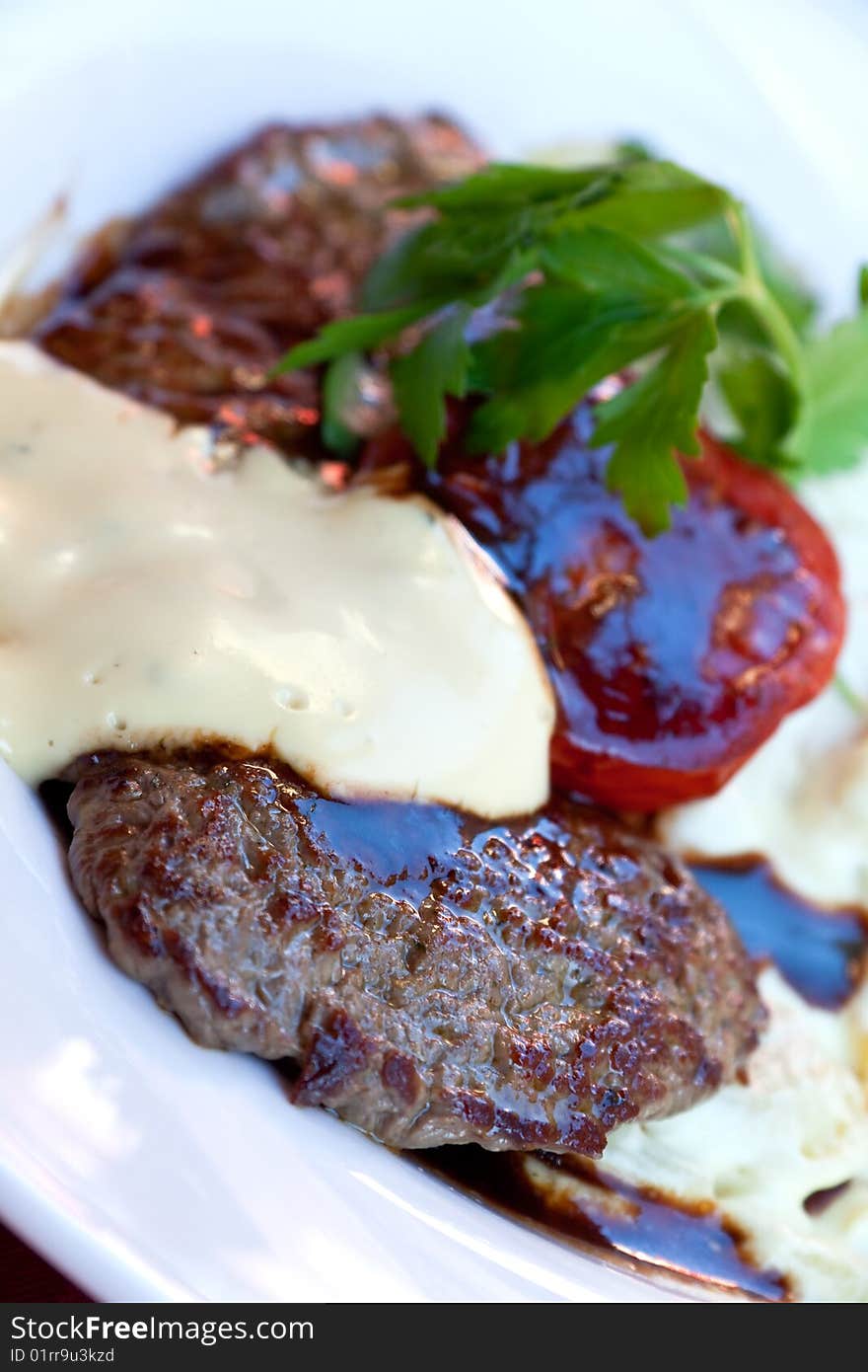 Sirloin strip Steak with vegetables and savory bec