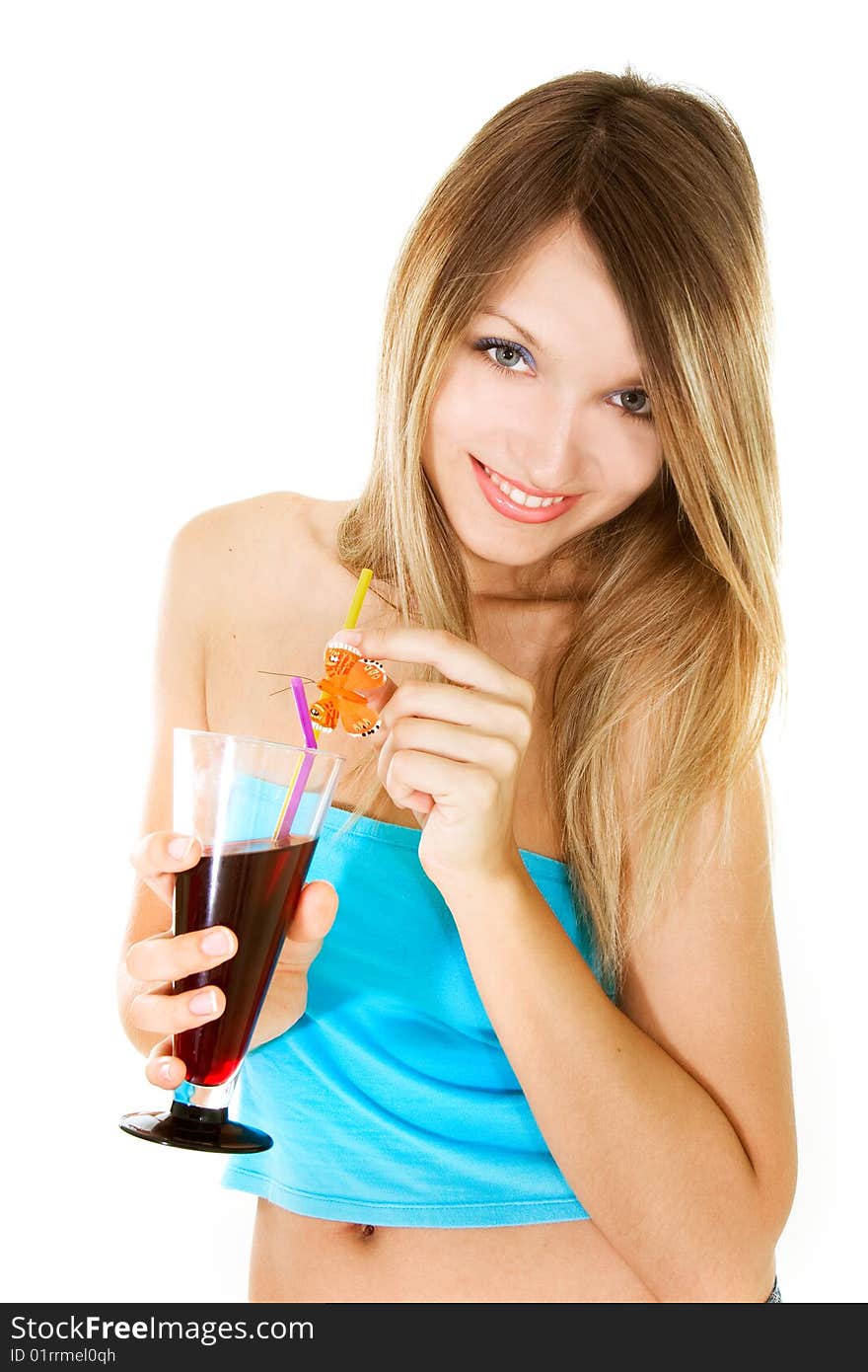 Beautiful girl with glass of juice over white