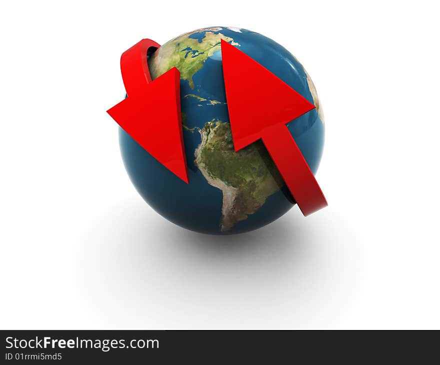 3d illustration of arrows around earth globe, over white background. 3d illustration of arrows around earth globe, over white background