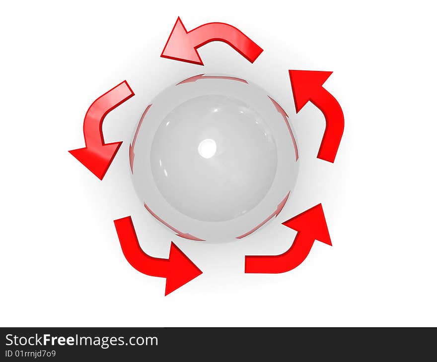 3d illustration of arrows around sphere, change or cycle symbol