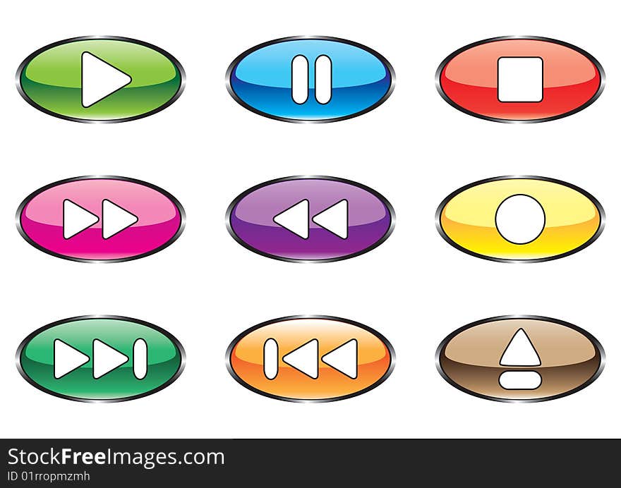 Nine varicoloured buttons for player on a white background