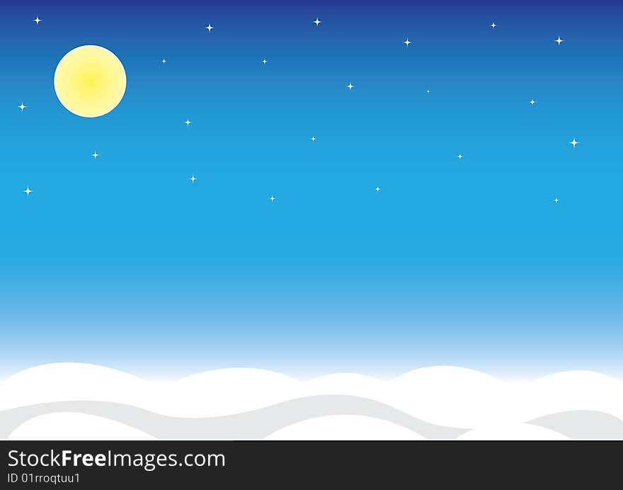 Winter landscape, night, stars and the moon