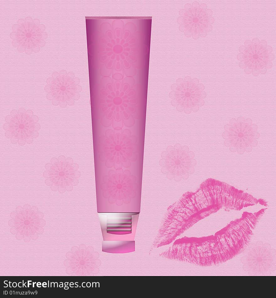 Pink tube with pink flowers and kiss on pink backrgound. Pink tube with pink flowers and kiss on pink backrgound