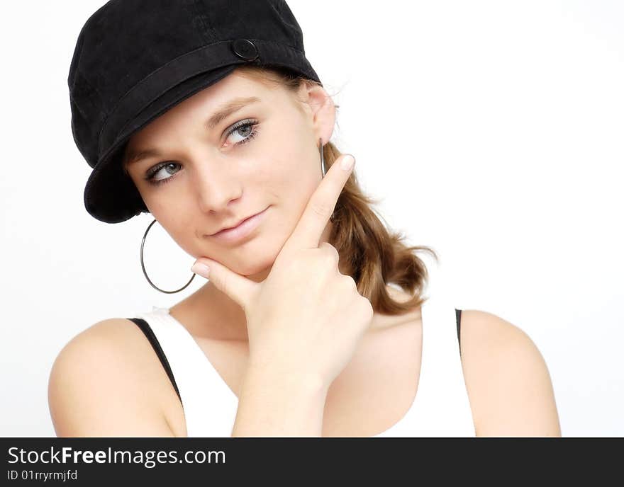 Young woman with black cap