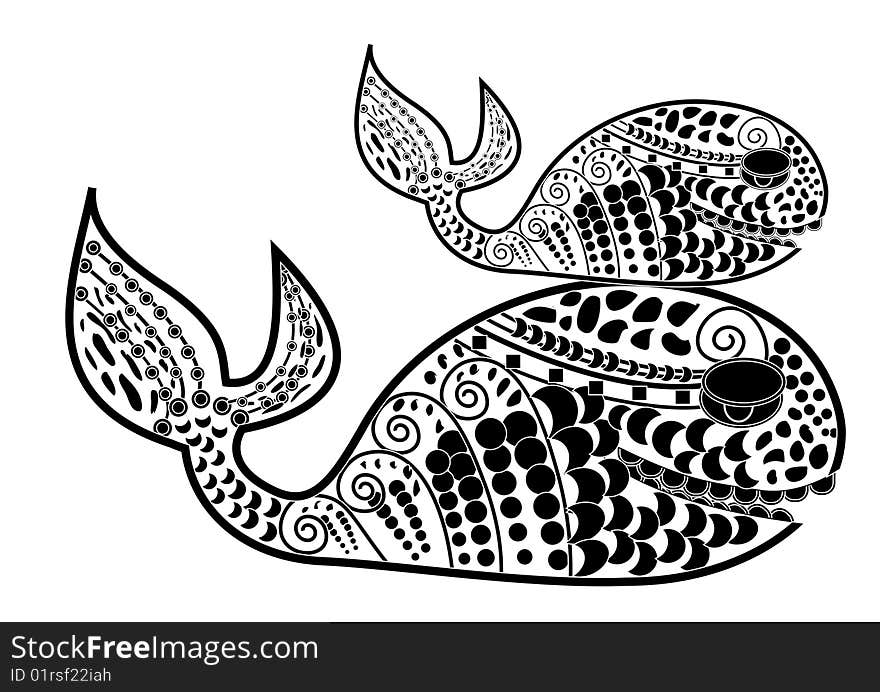 Two fish in the ethnic style on a white background. Two fish in the ethnic style on a white background