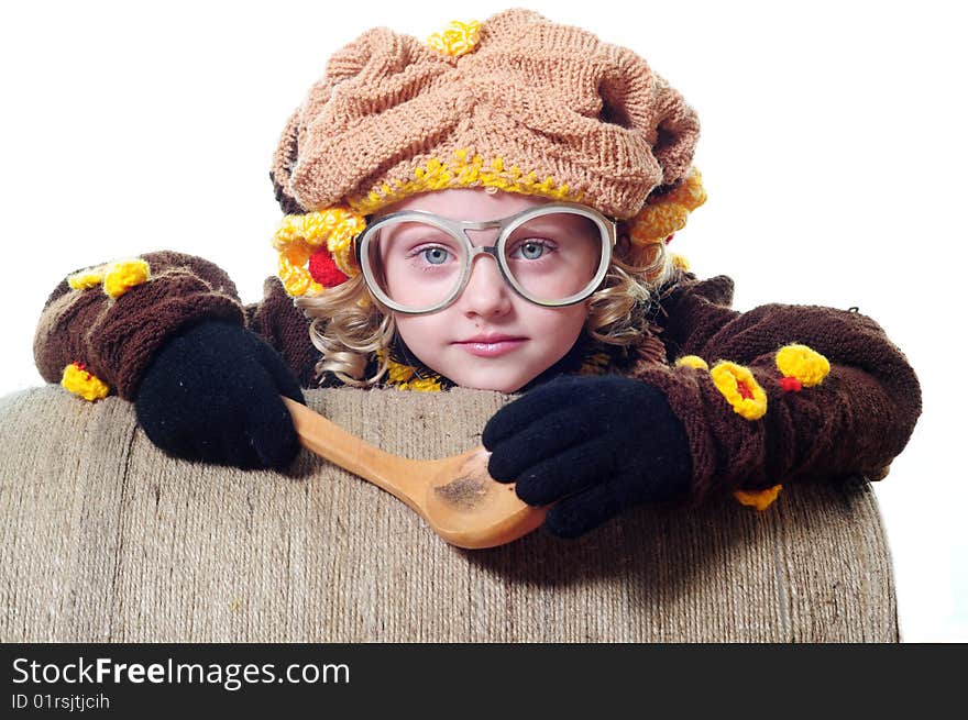 Portrait of the girl in a grey knitted suit. Portrait of the girl in a grey knitted suit