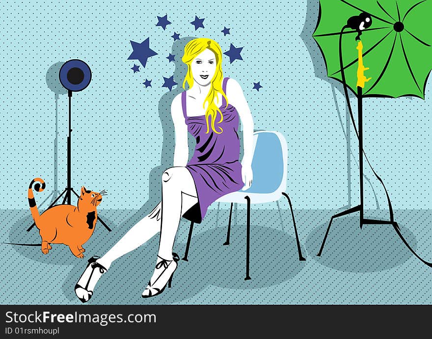 Retro illustration of a woman in photo studio. Retro illustration of a woman in photo studio.