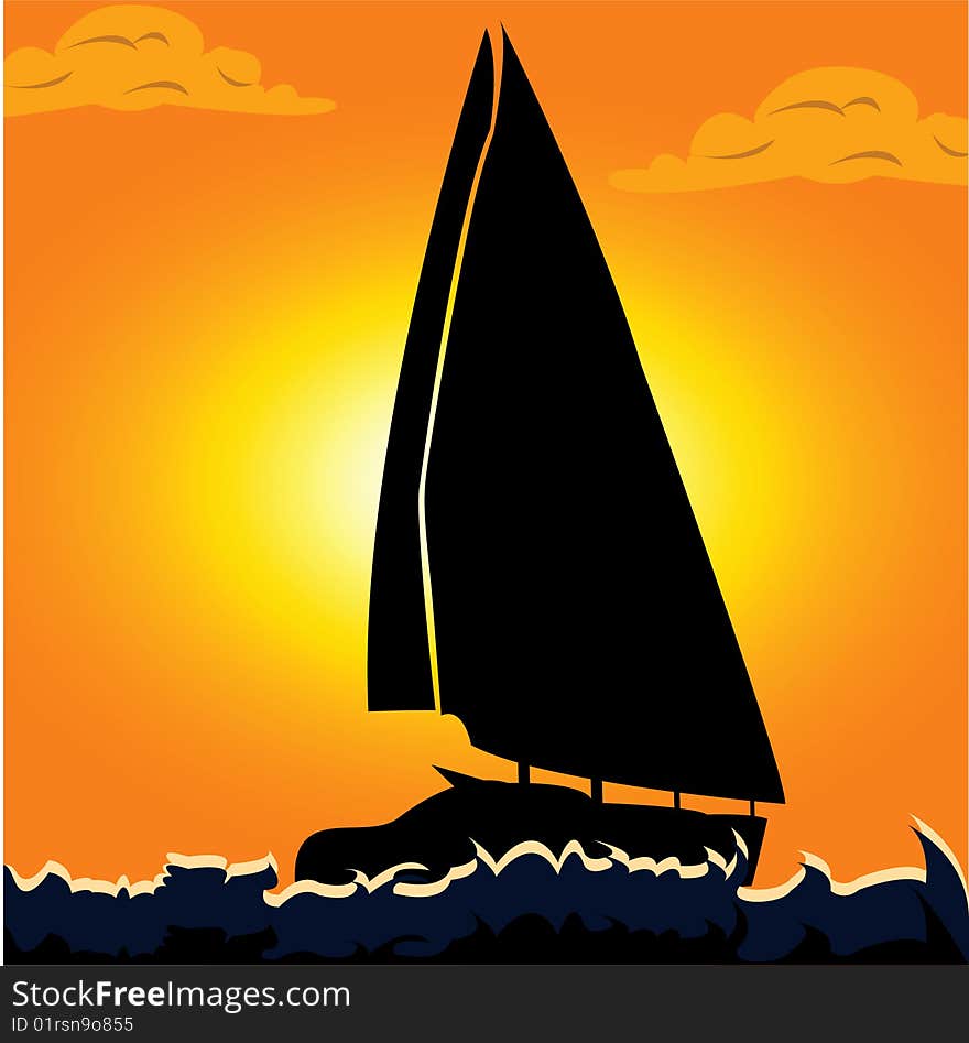 Vector illustration of a silhouette of a sailboat on the open sea.