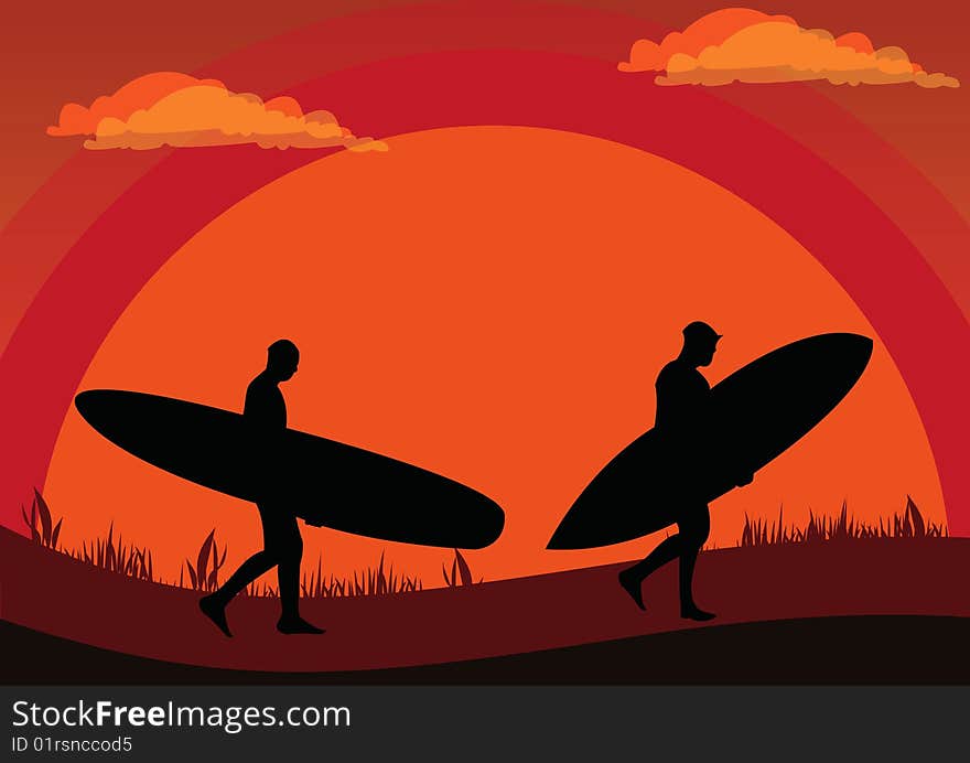 Vector illustration of two sunset surfers whose walking caring their surfing plates