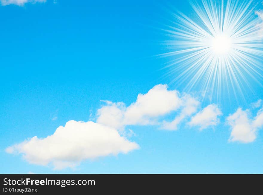 Fun sun and white clouds on a blue sky. Fun sun and white clouds on a blue sky.