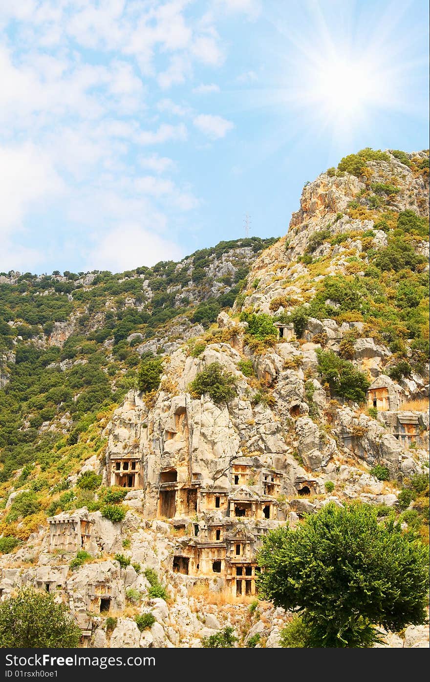 Antique tombs in the mountains near Myra town. Turkey. Antique tombs in the mountains near Myra town. Turkey.