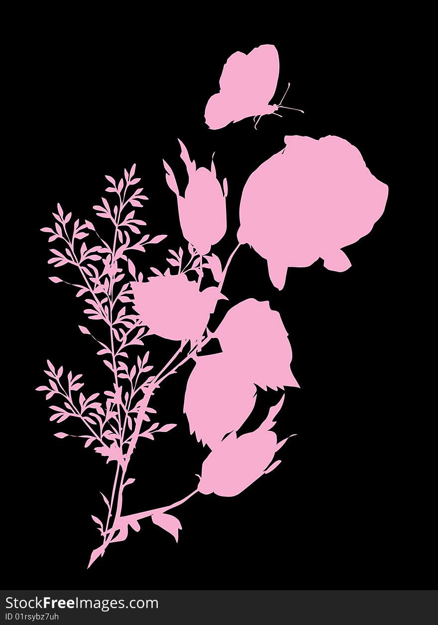 Illustration with pink butterfly and different flowers decoration. Illustration with pink butterfly and different flowers decoration