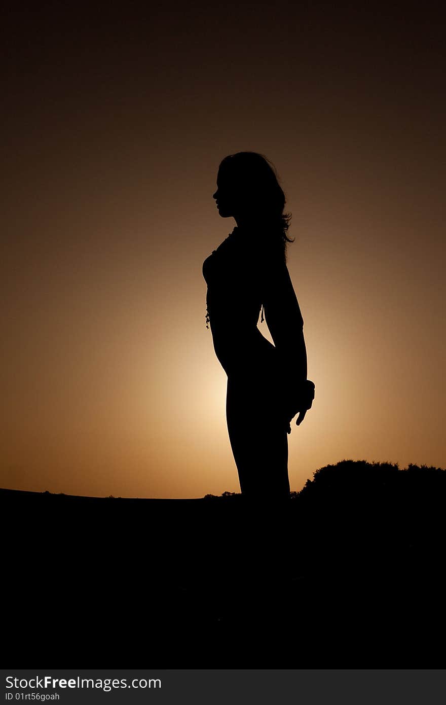 Silhouette of young beutiful woman at sunset