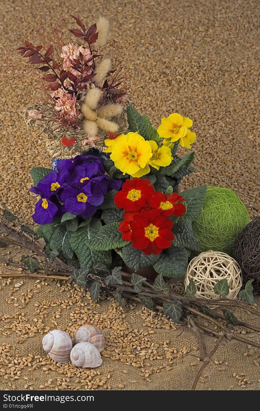 Spring retirement with flowers against a background from corn.