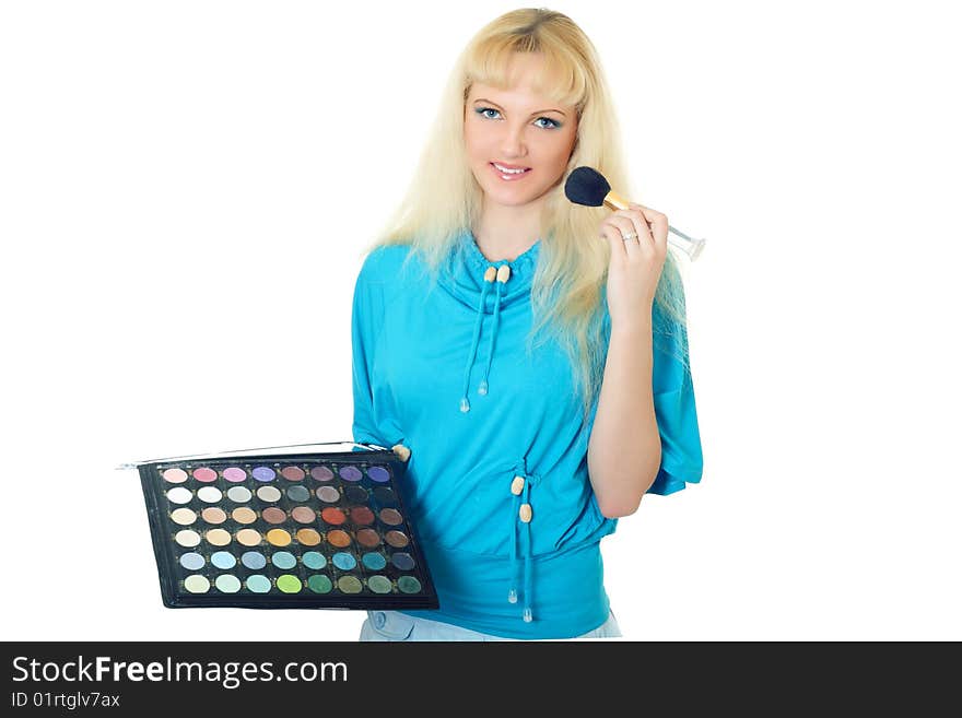 Engaging girl in blue clothes on white background