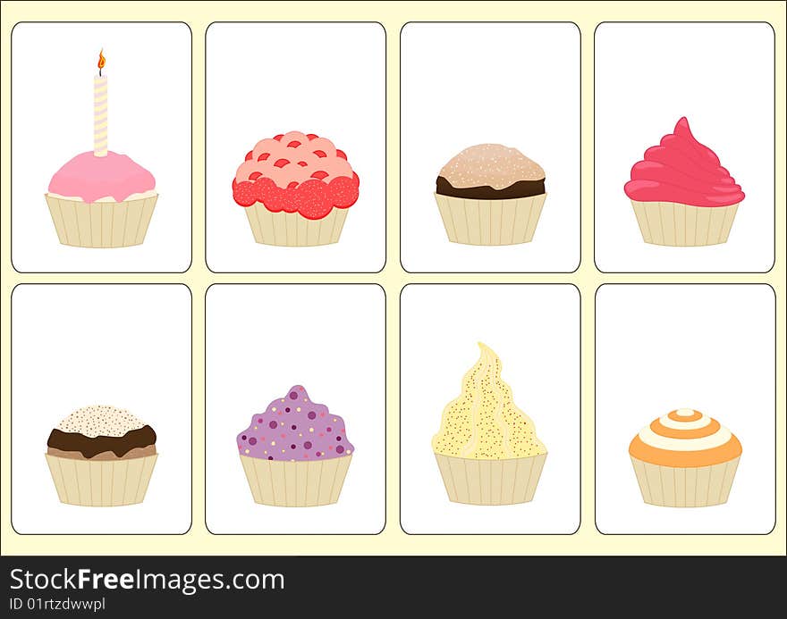 Illustration of eight various cupcakes