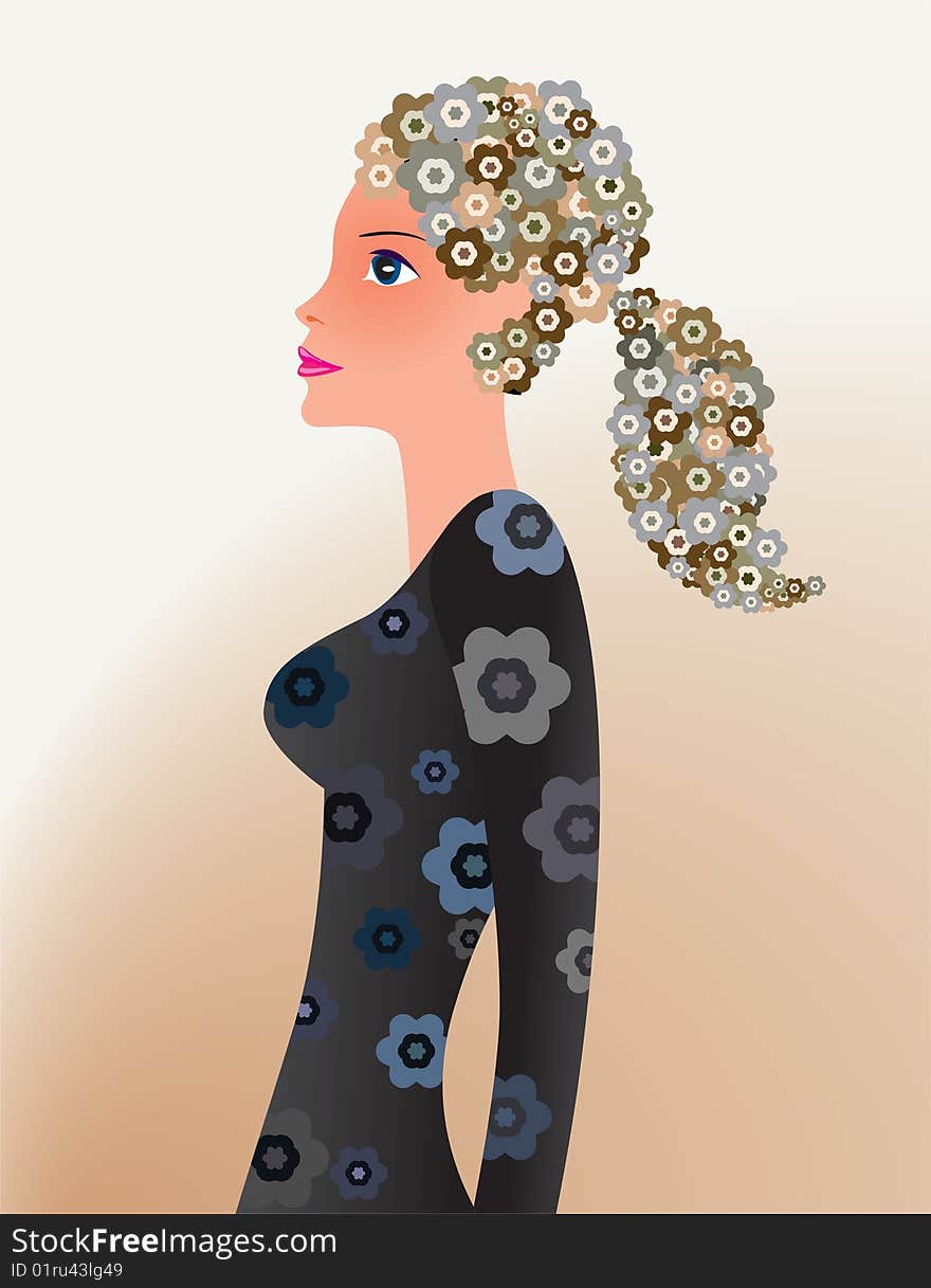 woman with floral hair and flower dress. woman with floral hair and flower dress