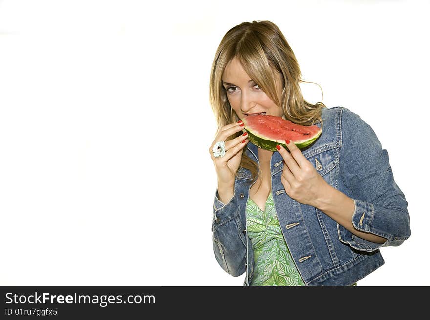 A young woman about to enjoy the perfect slice of watermelon. Isolated on white