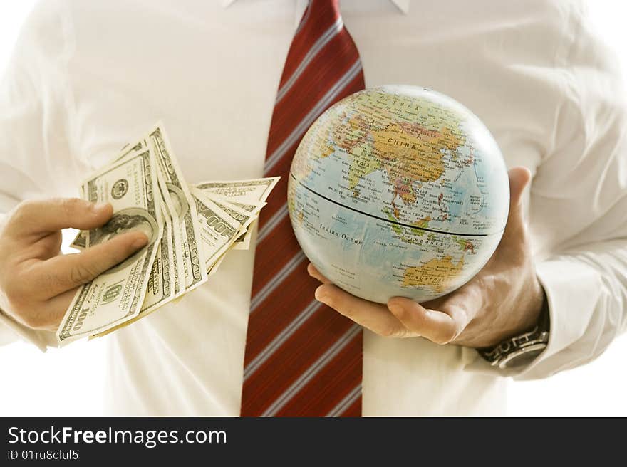 Business men with many banknotesand a globe