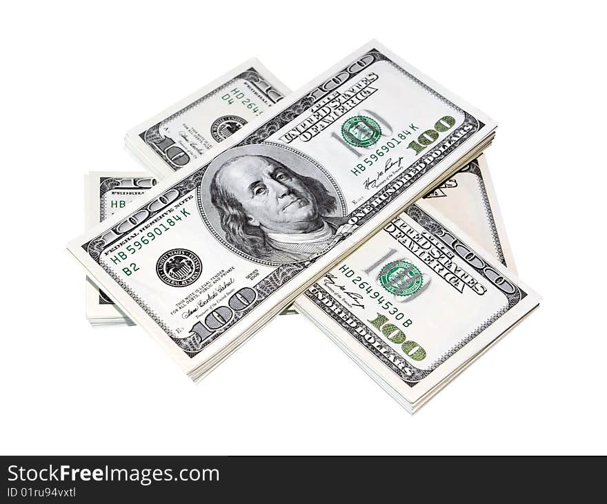 A stack of one hundred dollar bills isolated on white. A stack of one hundred dollar bills isolated on white