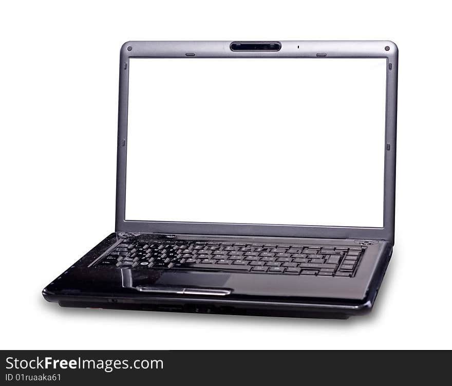 Black laptop with blank monitor at white background